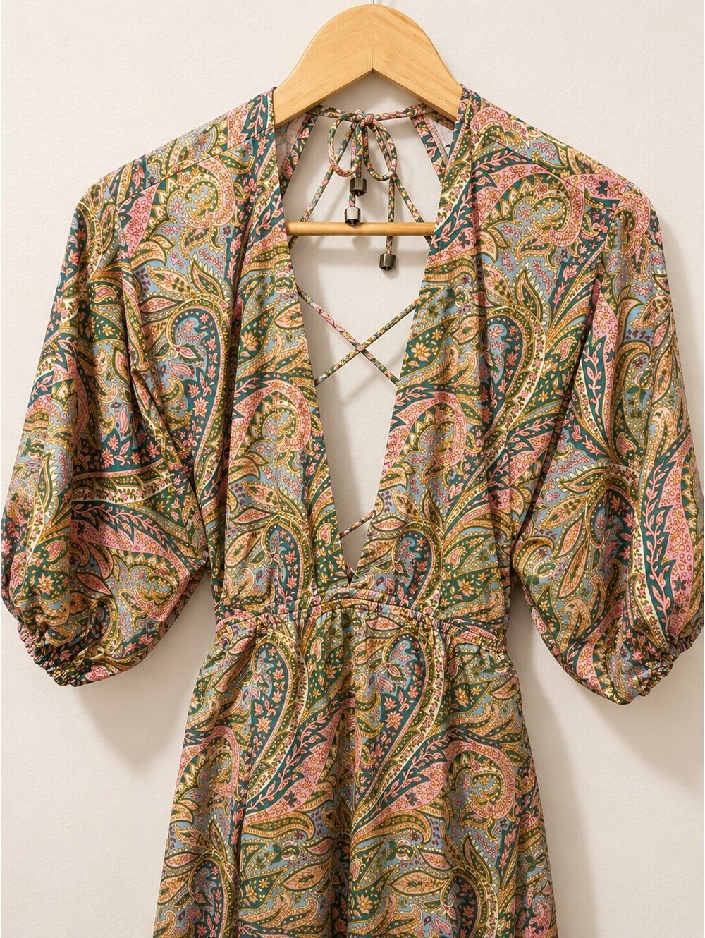 Suboo Small Paisley Print Midi Dress with Puff Sleeves and Open Back - Picture 3 of 5